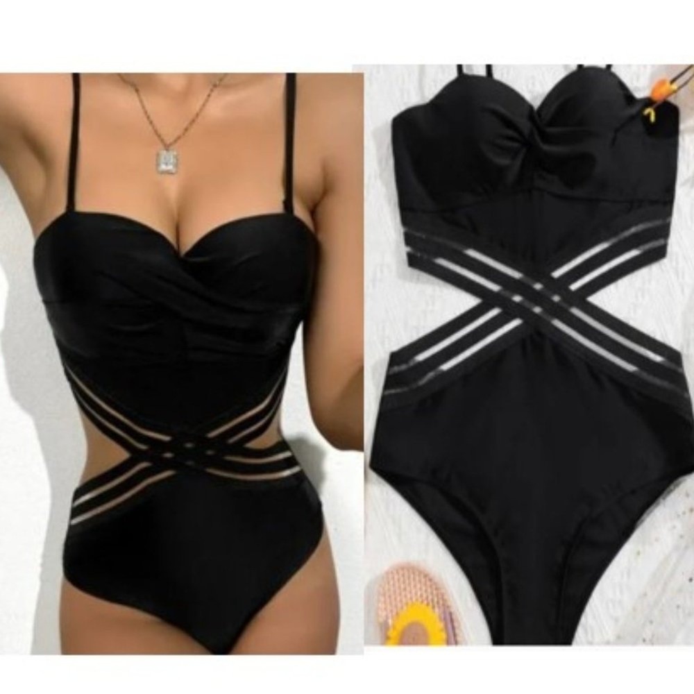 Criss Cross One Piece Bathing Suit Sz XL BLACK Cut Out Luxe Push Up Resort Beach